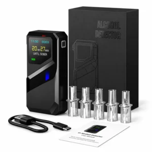Complete S1 alcohol breathalyzer kit with box, mouthpieces, USB-C cable, and manual.