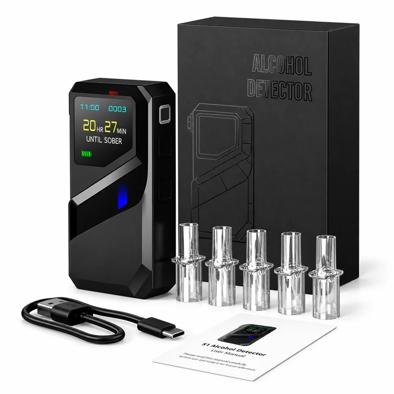 Complete S1 alcohol breathalyzer kit with box, mouthpieces, USB-C cable, and manual.