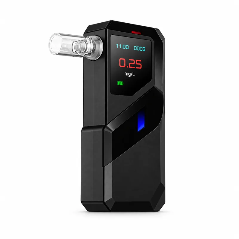 Front view of black S1 alcohol breathalyzer with red display, clear mouthpiece, and blue accent.