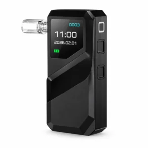 Black S1 alcohol breathalyzer shown from front and side with time and date display.
