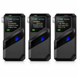 Three black S1 alcohol breathalyzers showing setting menus and record display screens.