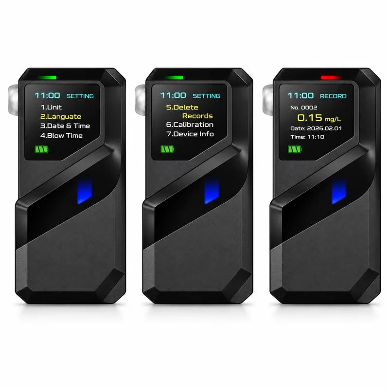 Three black S1 alcohol breathalyzers showing setting menus and record display screens.