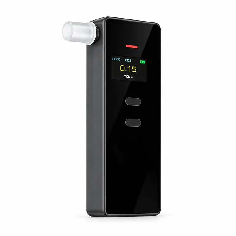 Black alcohol breathalyzer with a translucent mouthpiece and yellow digital reading display.