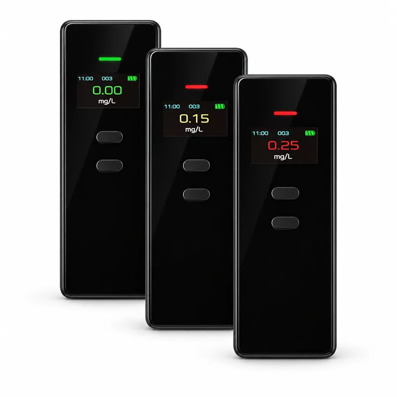 Three black alcohol breathalyzers showing green, yellow, and red status readings.