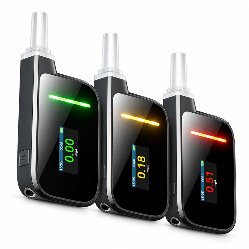 Three H3 alcohol breathalyzers showing green, yellow, and red LED status readings.