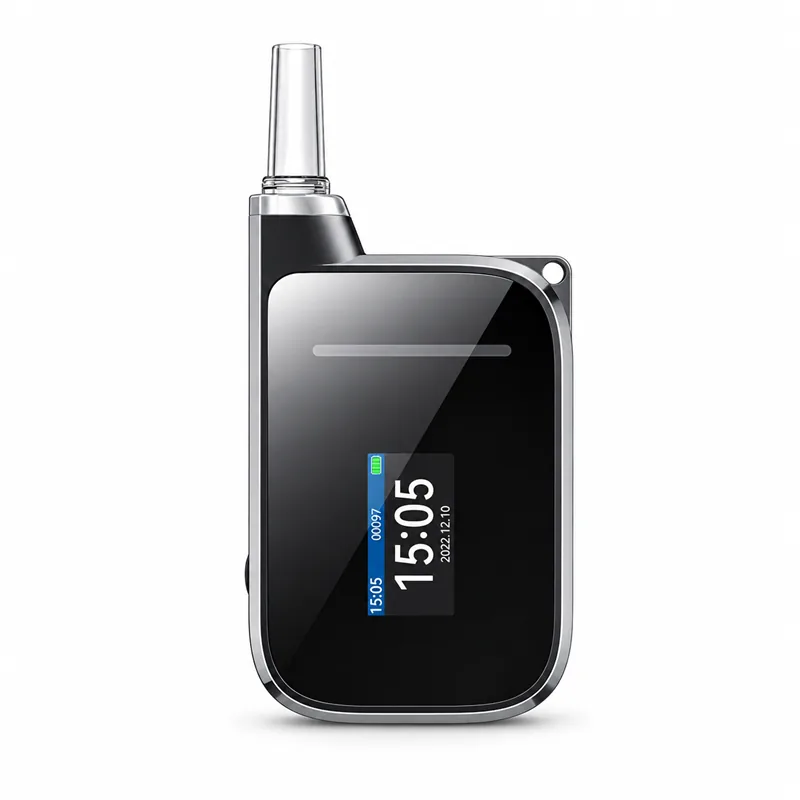 Compact H3 alcohol breathalyzer with glossy black face, transparent mouthpiece, and time display.