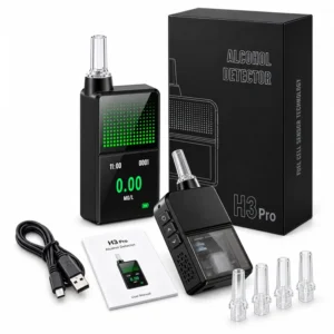 Complete H3 Pro alcohol breathalyzer kit with box, mouthpieces, USB-C cable, and manual.