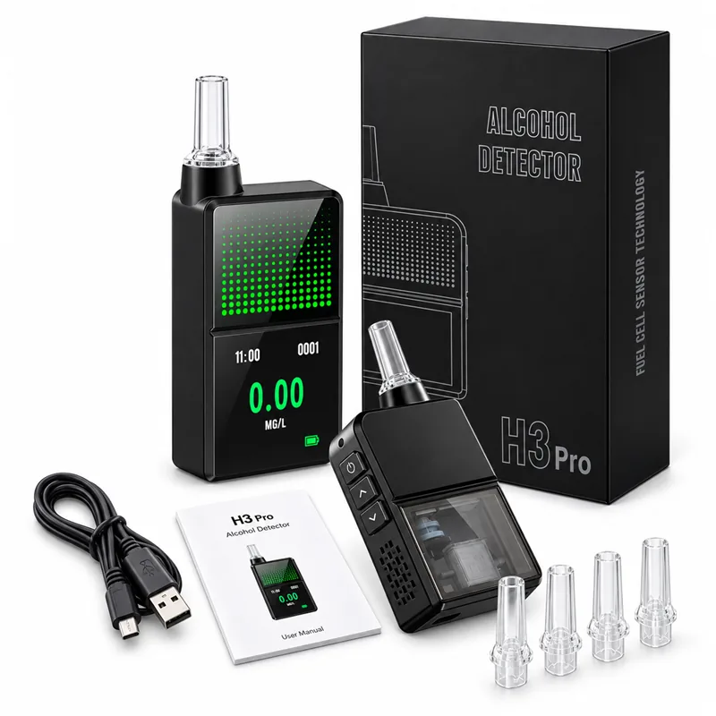 Complete H3 Pro alcohol breathalyzer kit with box, mouthpieces, USB-C cable, and manual.
