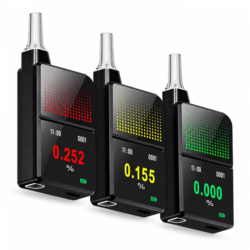 Three H3 Pro alcohol breathalyzers showing red, yellow, and green LED status displays.