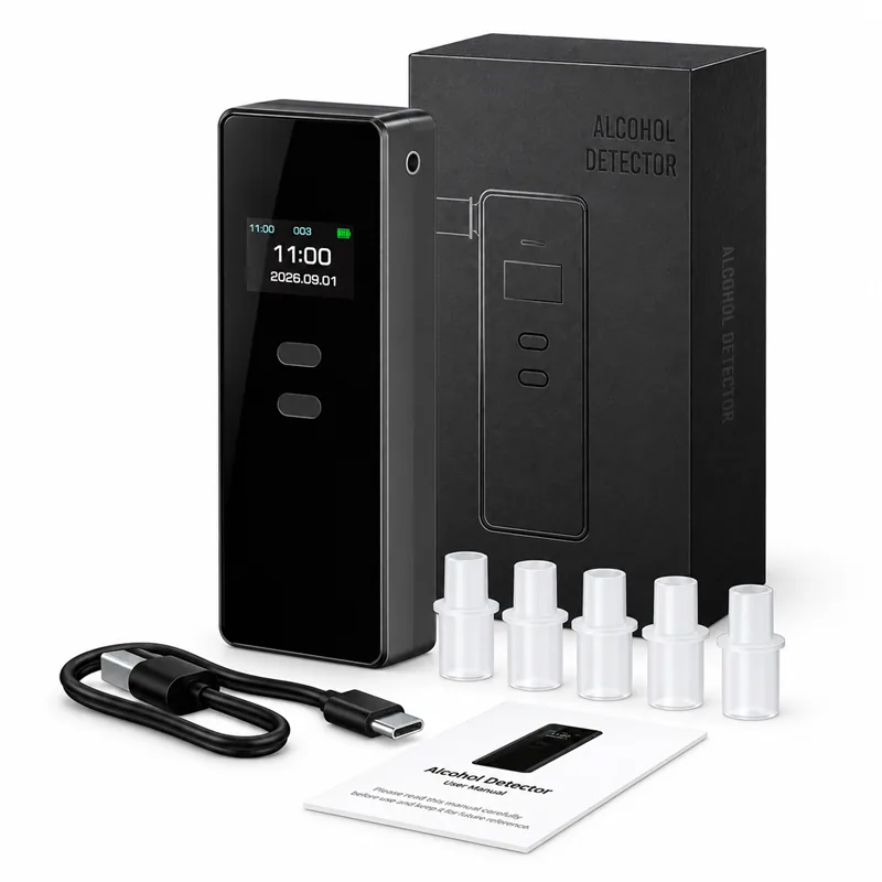 Complete black alcohol breathalyzer kit with box, mouthpieces, USB-C cable, and manual.