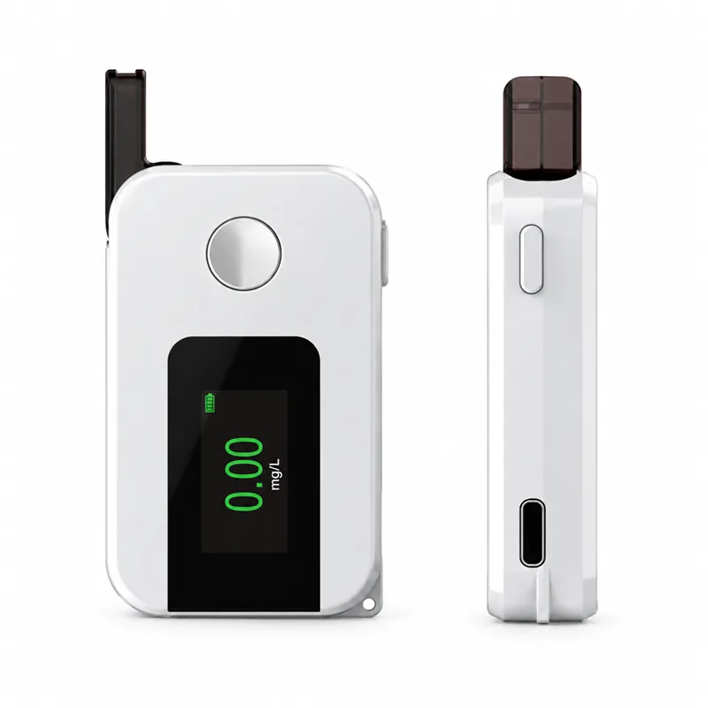 White K1 alcohol breathalyzer front and side views with green display and Type-C port.