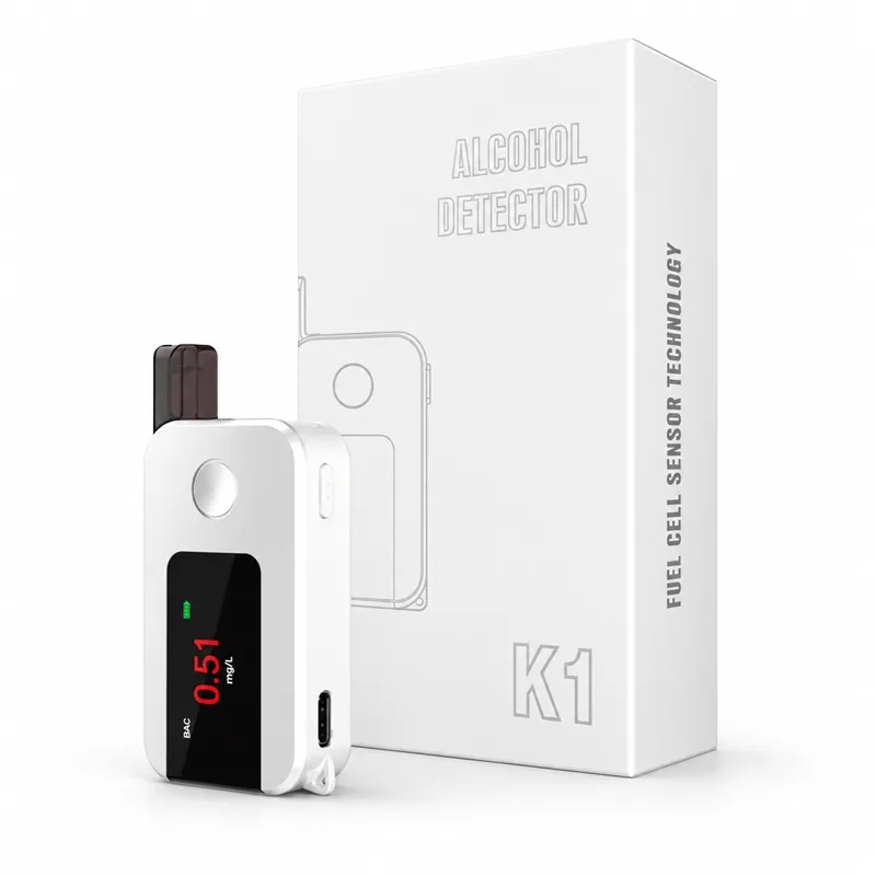 White K1 alcohol breathalyzer with package box, red display, and Type-C port.